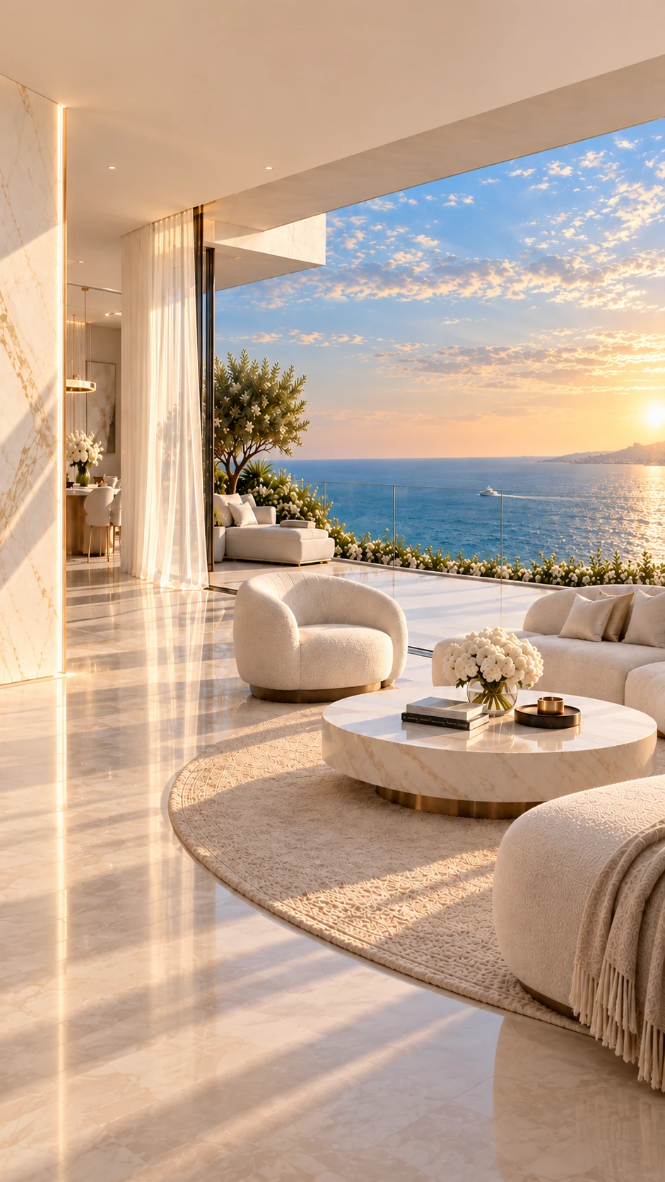 An ivory residence opening onto a sheltered terrace and sunlit sea.